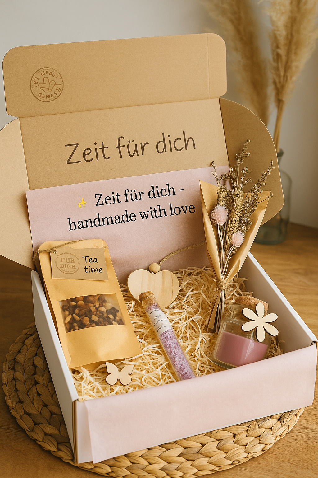 Geschenkbox „Zeit für dich“ – handmade Wellnessbox mit Tee, Duftkerze, Trockenblumen & Dekoherz– lifestyleloungecologne