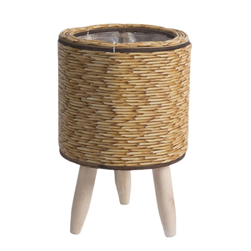 Rattan Übertopf mit Holzbeinen, stilvolle Pflanzendekoration im Boho-Design für den Innen- und Außenbereich