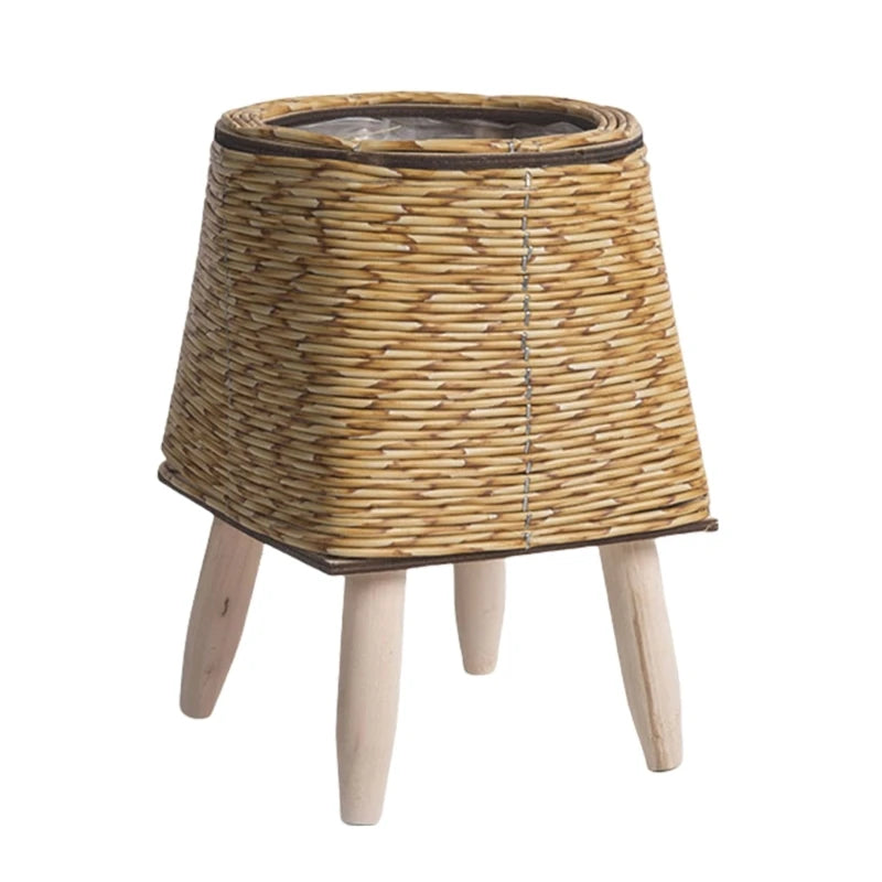 Rattan Übertopf mit Holzbeinen, stilvolle Pflanzendekoration im Boho-Design für den Innen- und Außenbereich