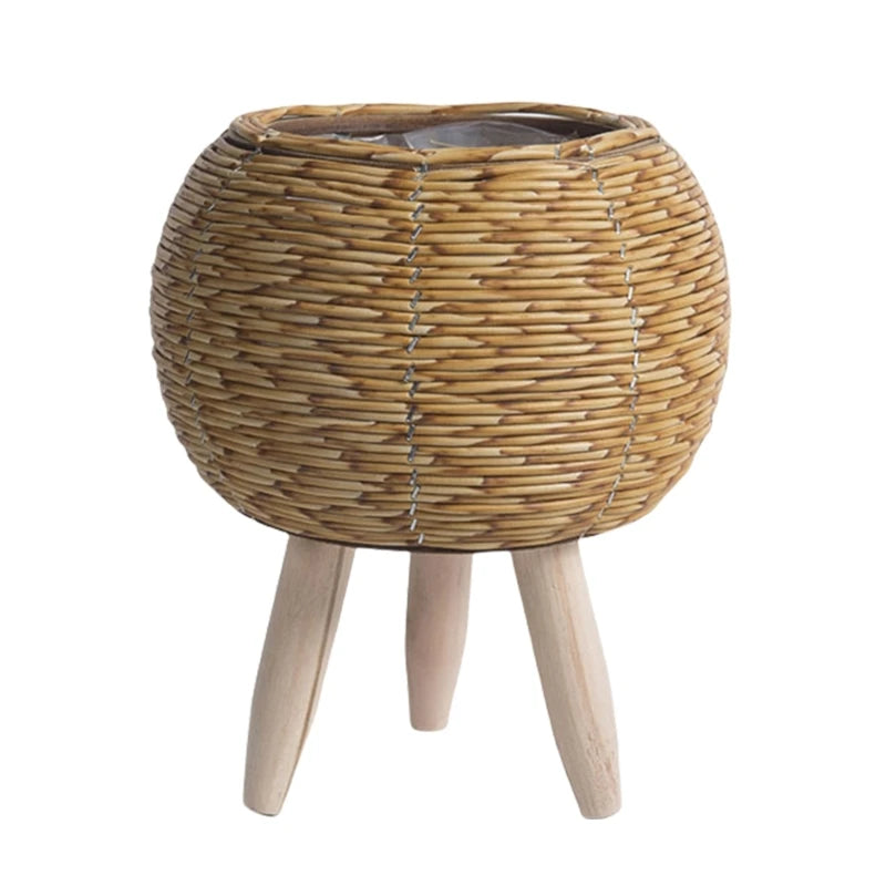 Rattan Übertopf mit Holzbeinen, stilvolle Pflanzendekoration im Boho-Design für den Innen- und Außenbereich